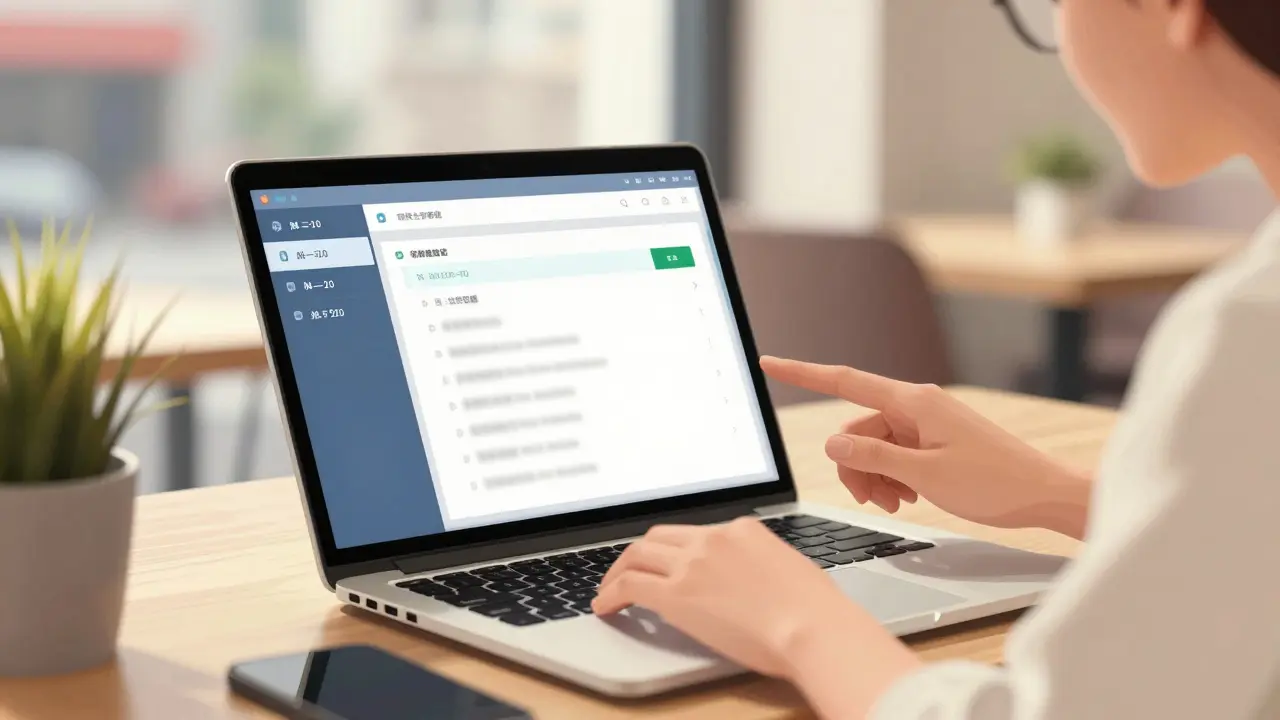 Person checking directory on laptop in café