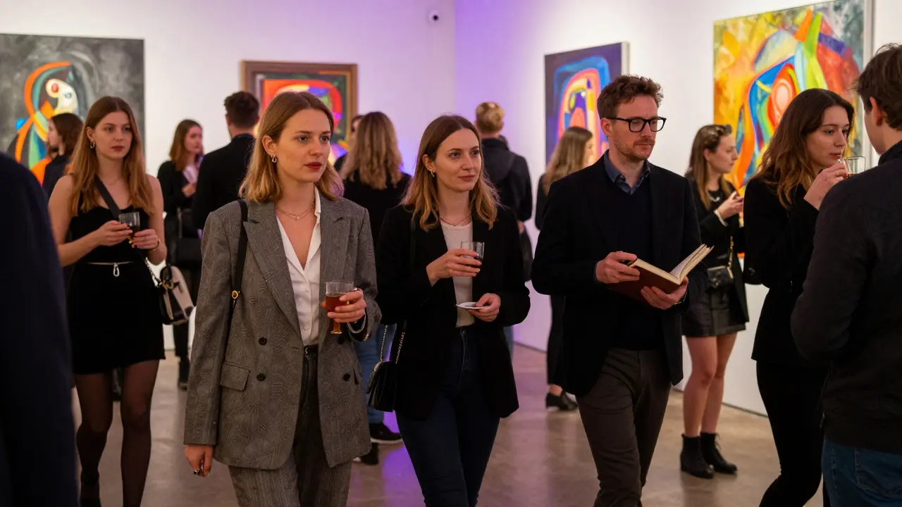 Professionals and escorts mingling at an art opening in Berlin, blending seamlessly into the crowd.