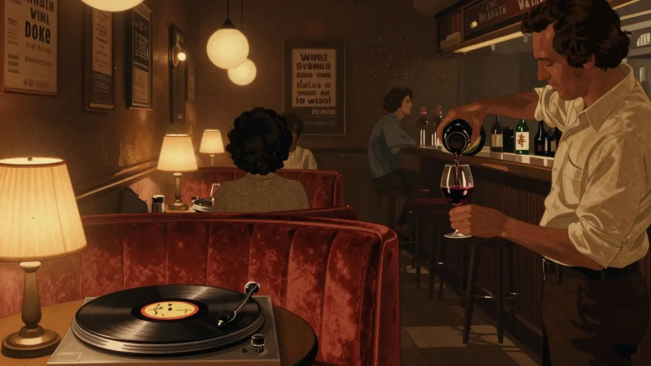 Retro 1970s lounge with velvet booths and vinyl records, bartender pouring Lebanese Malbec under warm amber lights.