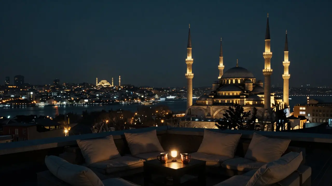 Rooftop lounge at midnight with mosque silhouettes and Istanbul's city lights glowing across the Bosphorus.