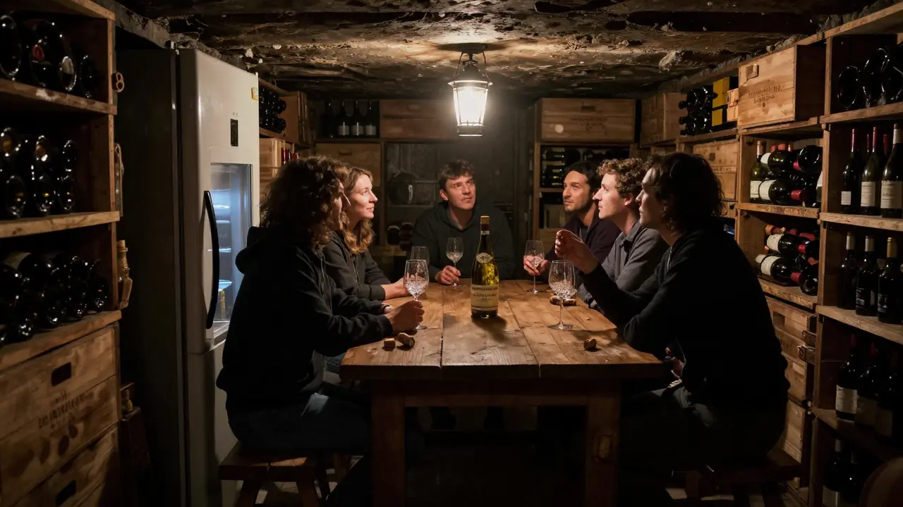 Six people silently taste a rare 2004 Burgundy in a hidden cellar lit by a single lantern.
