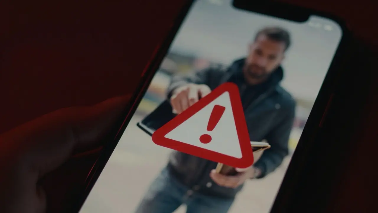 Smartphone with red warning symbol and shadowy figure reaching for wallet