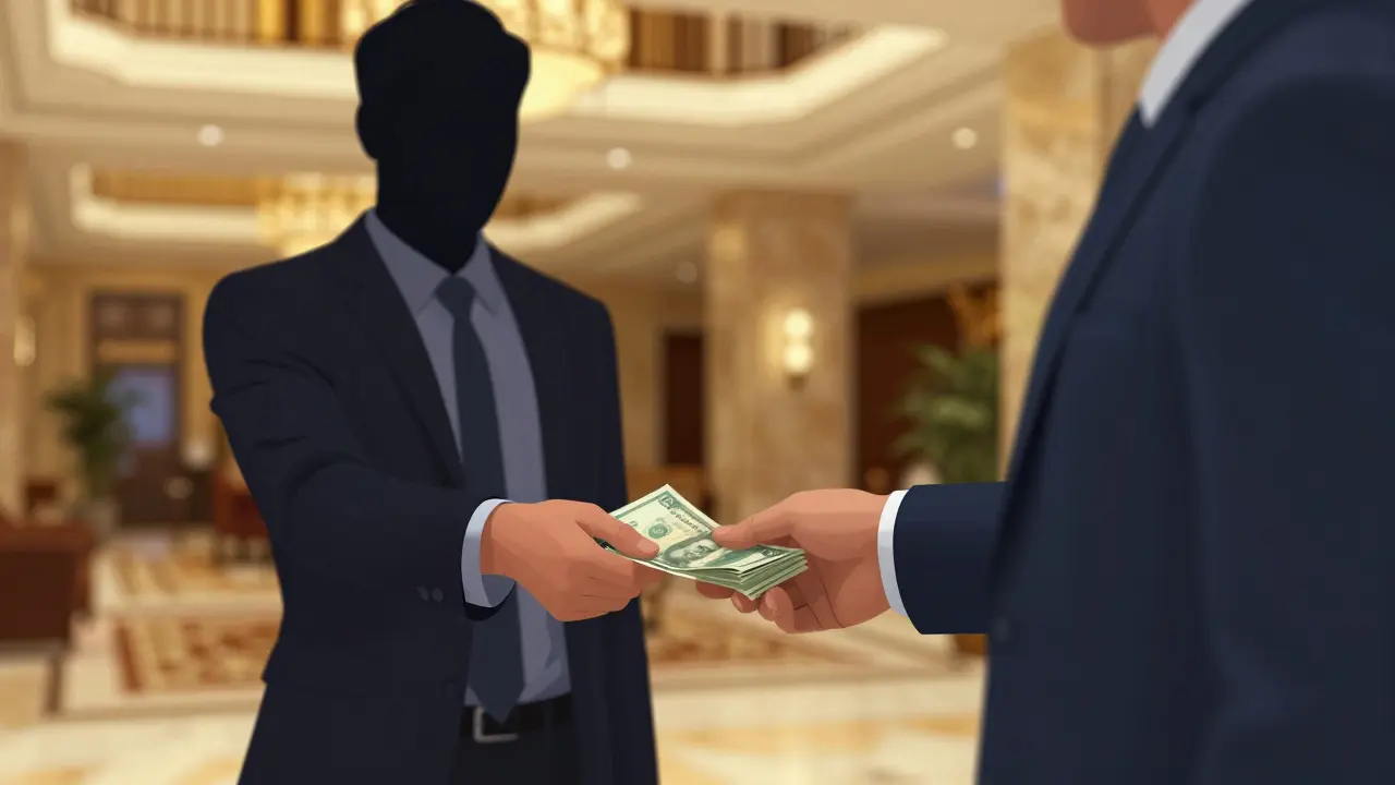 Traveler handing money to suspicious figure in hotel lobby scam.