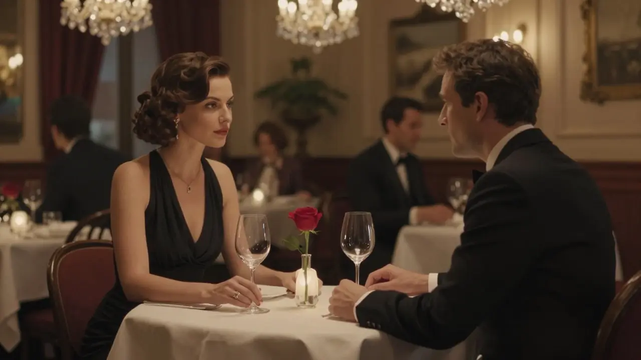 Two people dining quietly at a candlelit table in an elegant Milanese restaurant.
