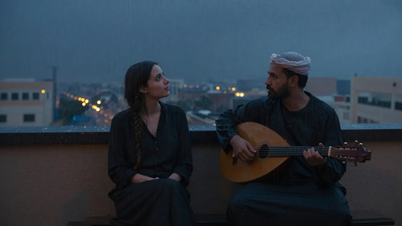 Two people sitting in silent companionship on a rooftop terrace during a gentle Dubai rainstorm.