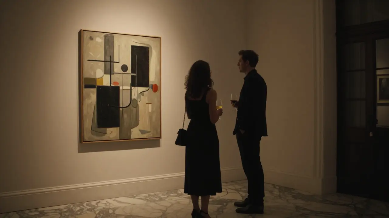 Two people standing near art in a luxurious Mayfair gallery, sipping wine in calm, sophisticated company.