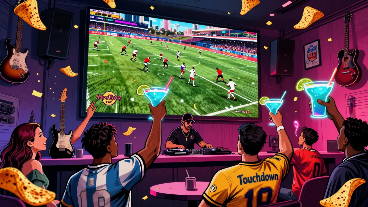 Vibrant Hard Rock Cafe Dubai during NFL Sunday, fans celebrating a touchdown with themed drinks and giant nachos.