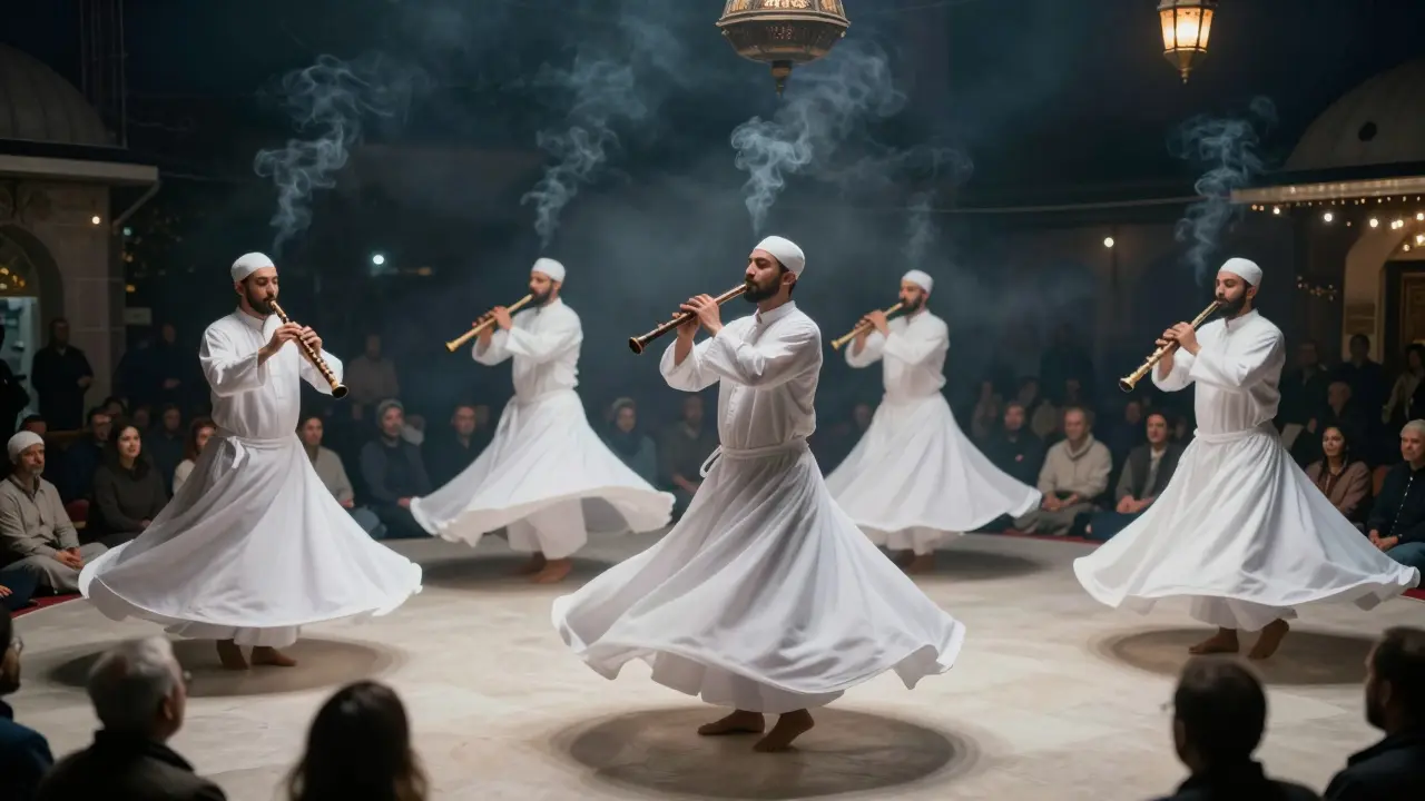 White-robed dervishes spinning in silent reverence during a traditional Sufi ceremony at night.