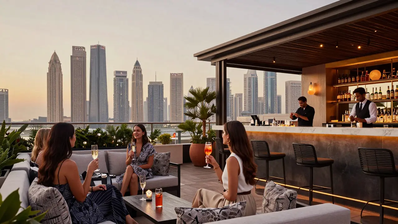 Women relaxing on low sofas at a rooftop bar with Dubai’s skyline glowing behind them.
