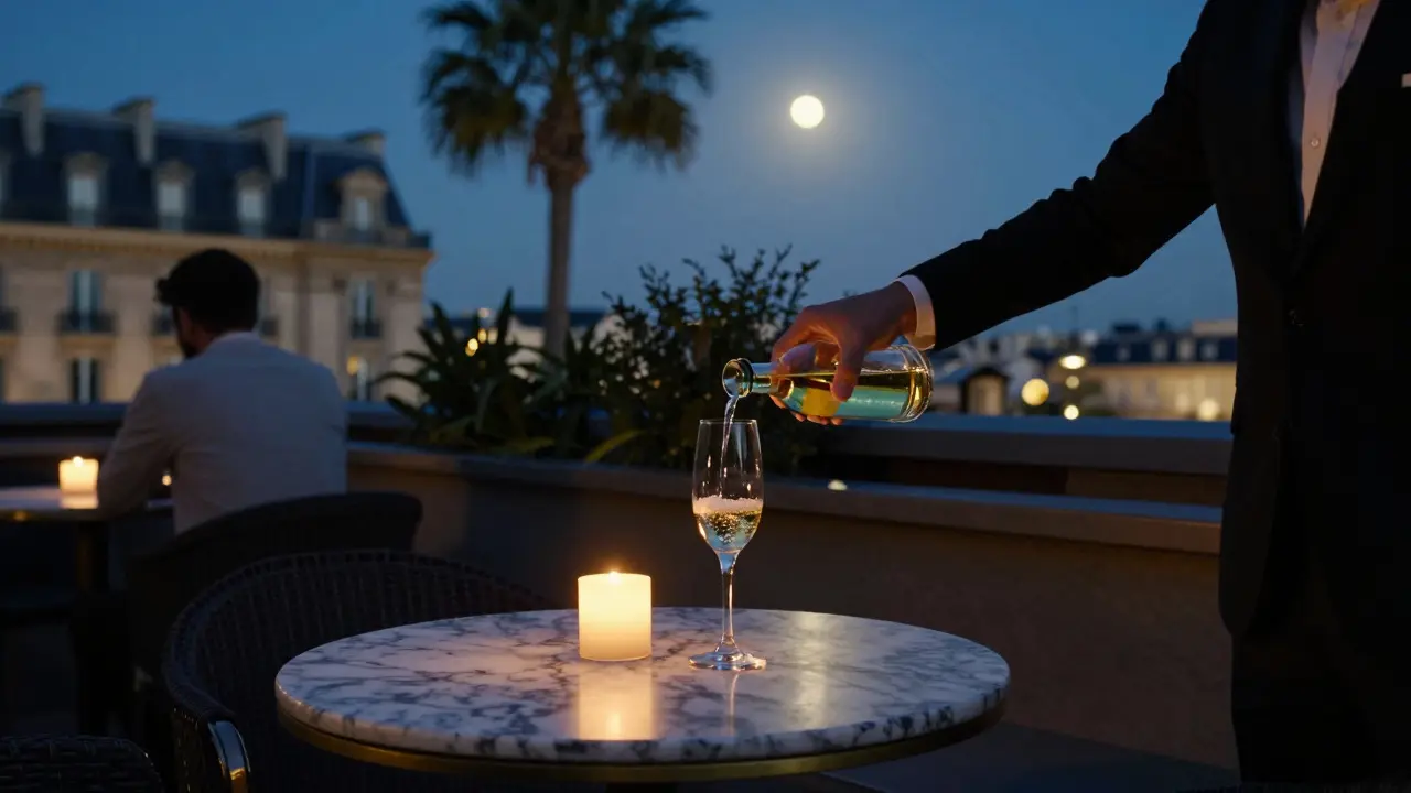 A bartender pours absinthe at a candlelit bar with the Hôtel de Paris glowing in the background.