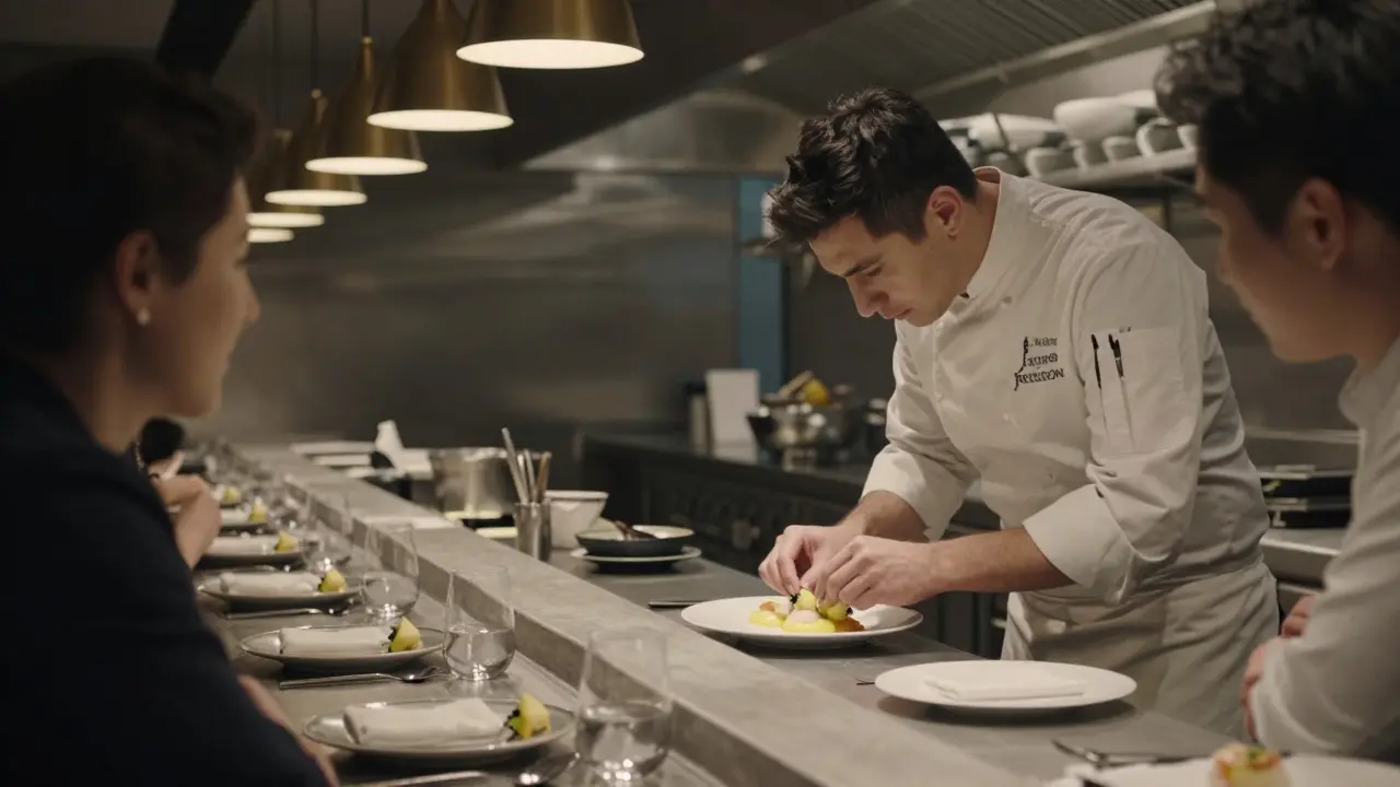 A chef prepares scallops at L’Atelier de Joël Robuchon while a couple watches from a sleek counter seat.