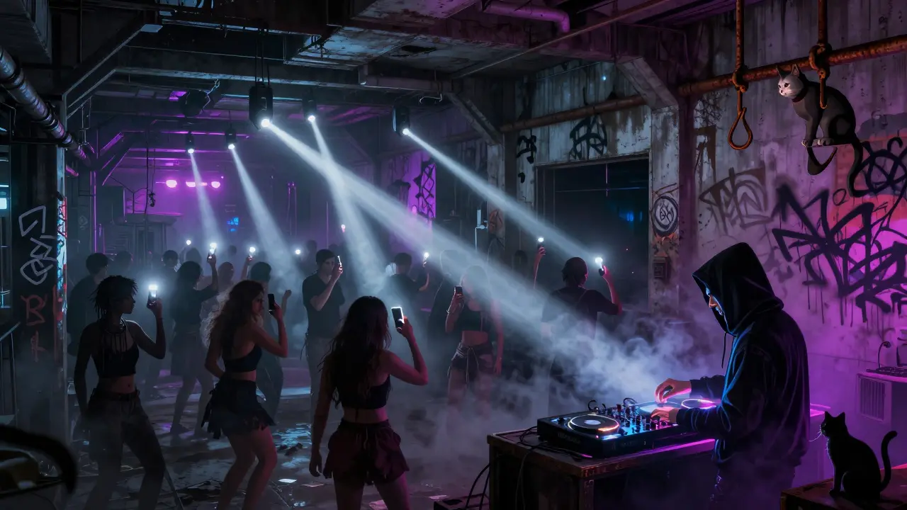 A clandestine techno party in an abandoned warehouse lit only by phone flashlights and neon glow.