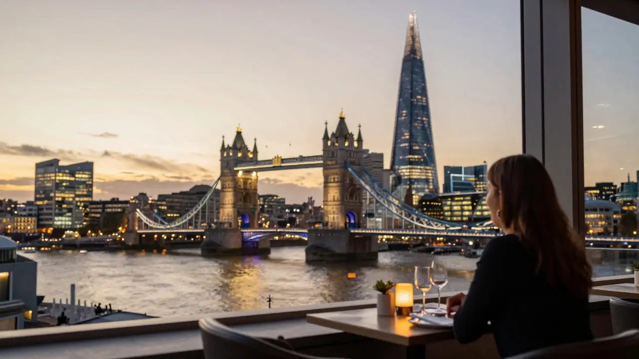 A couple enjoys dinner at The Gherkin’s Sky Garden with a breathtaking view of London’s illuminated skyline at sunset.