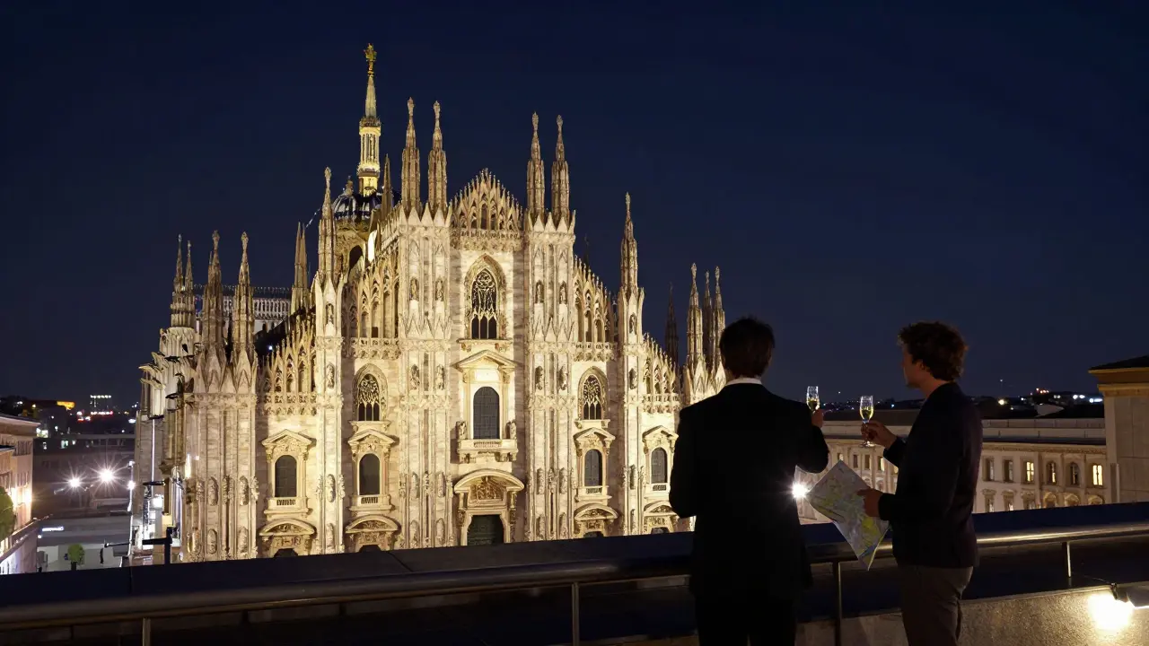 A couple on a Milan rooftop at night, sipping champagne as the Duomo glows below under a starry sky.