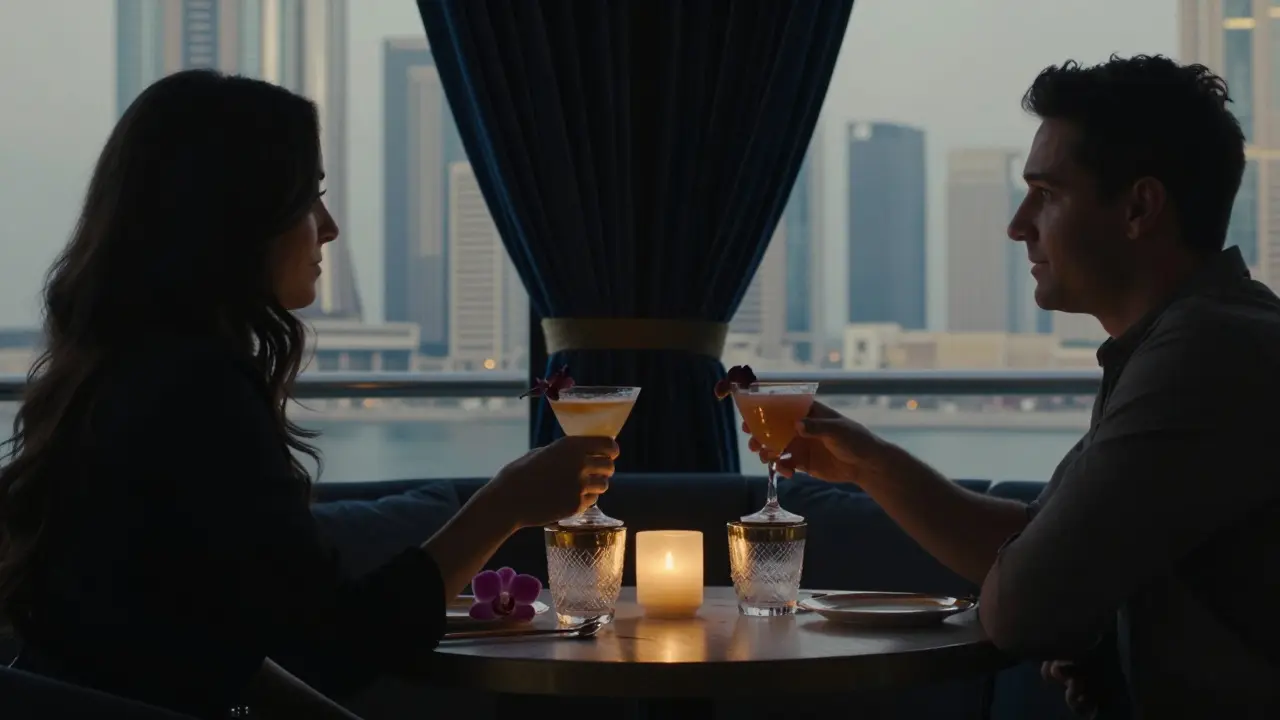 A couple shares a quiet cocktail on a rooftop lounge in DIFC, city skyline glowing behind them, candlelight casting warm shadows.