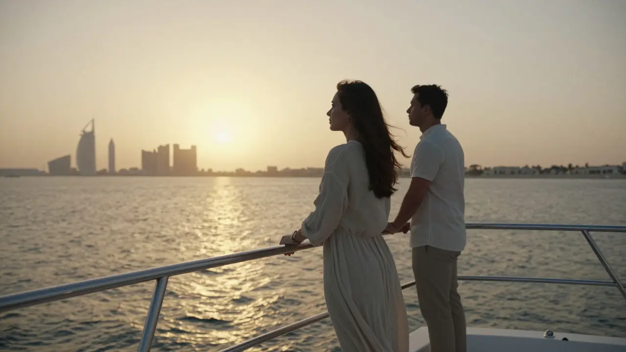 A couple standing silently on a private yacht at sunset, overlooking Dubai's coastline, conveying calm companionship and emotional connection.