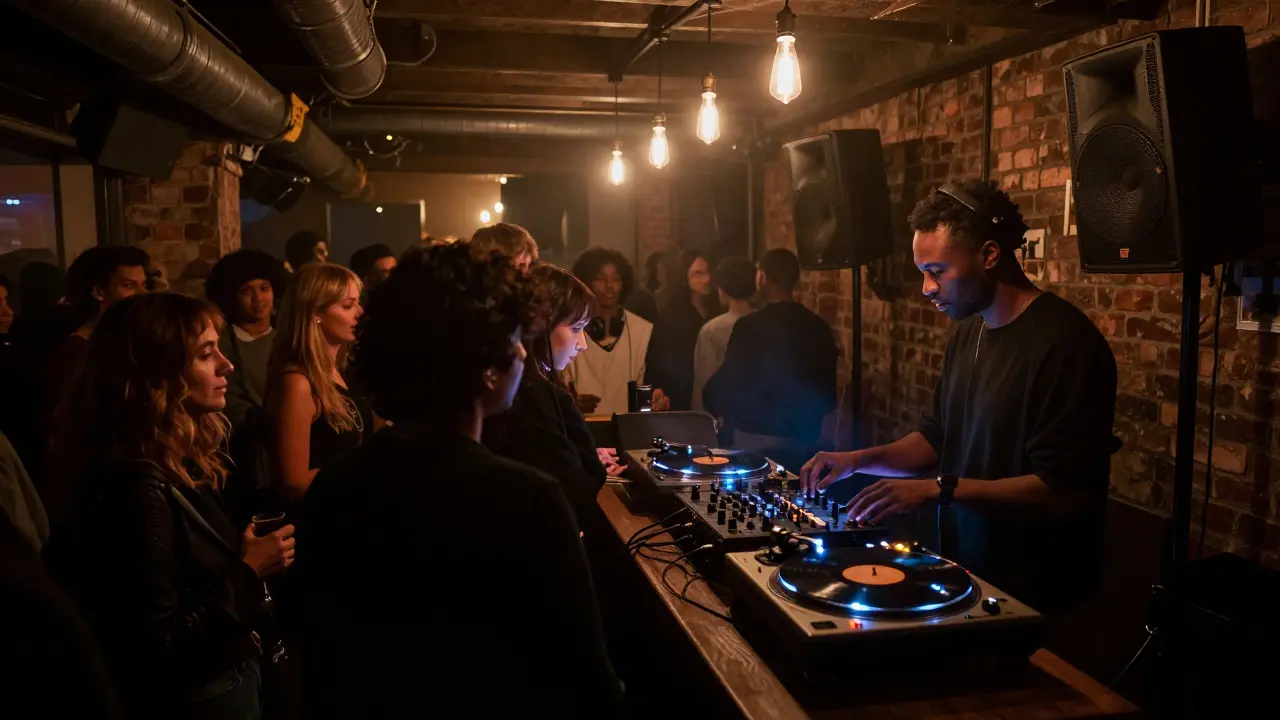 A dark underground club with a vinyl turntable glowing in the dim light, patrons swaying silently to live music.