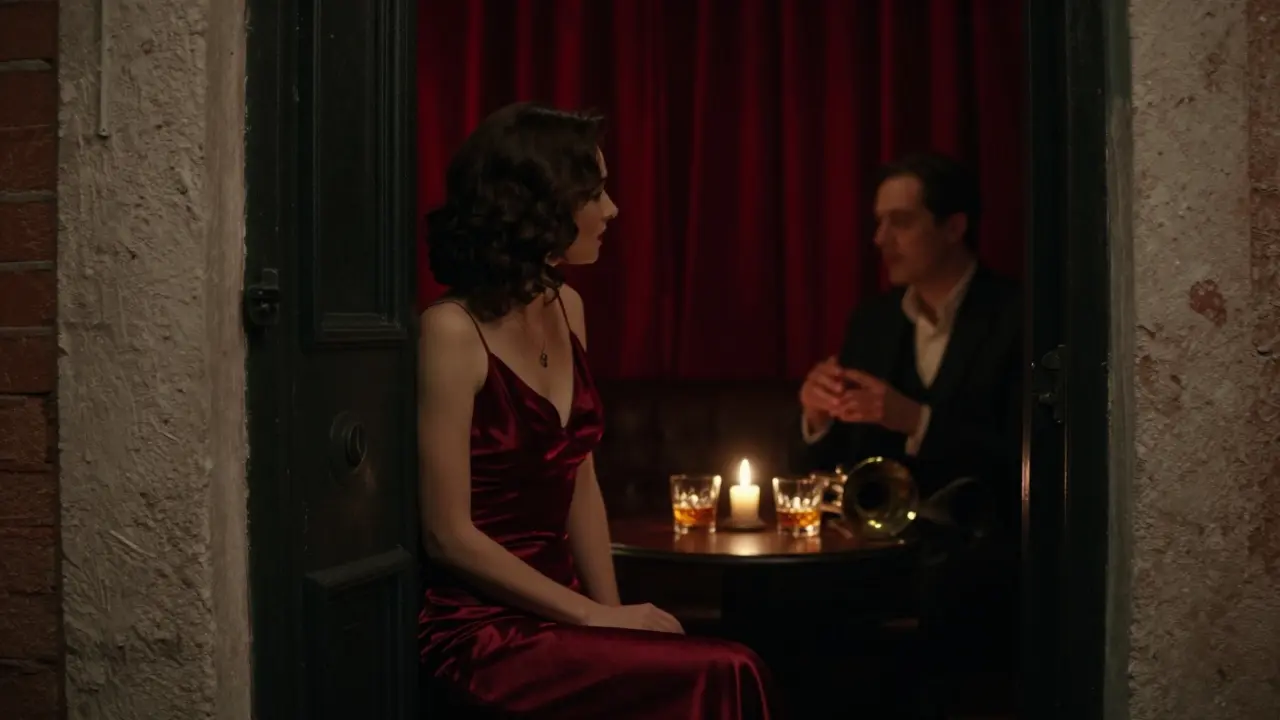 A discreet evening in a hidden Milan speakeasy, candlelight illuminating a listener and speaker.