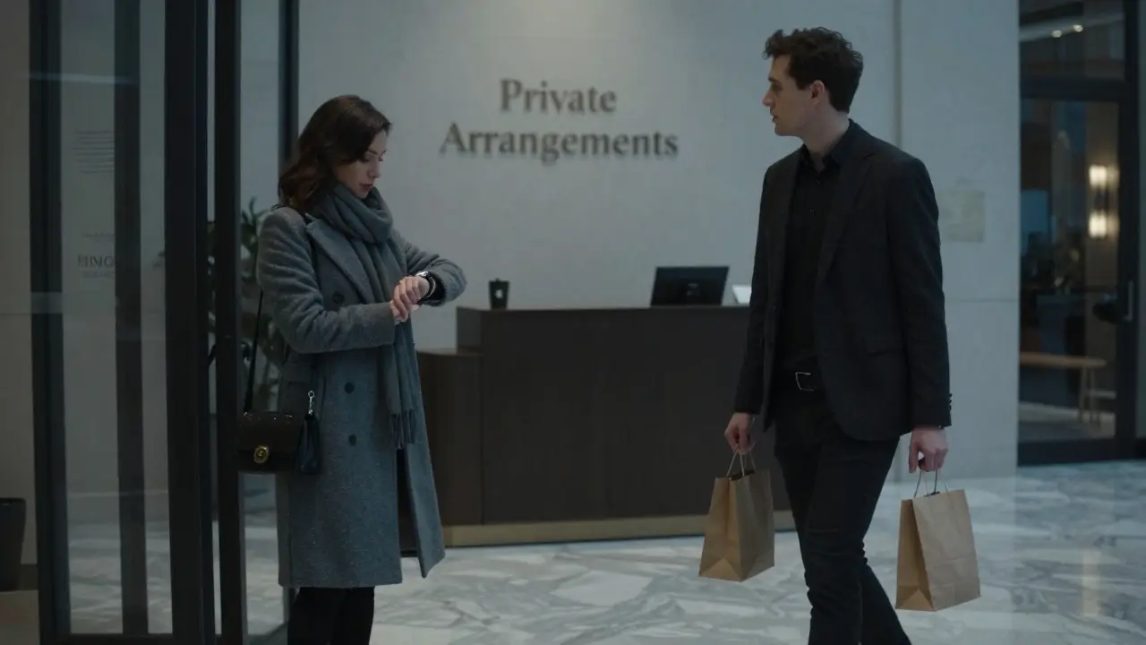 A discreet meeting in a Milan boutique hotel lobby, a woman waiting as a man approaches with coffee, no overt signs of transaction.