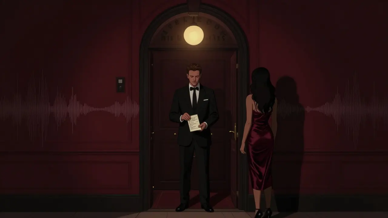 A doorman checks a handwritten list at the hidden entrance of Le Blue nightclub.