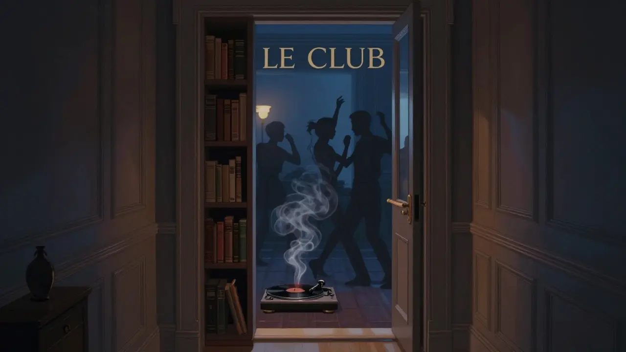 A hidden nightclub entrance behind a bookshelf, dimly lit with smoke and dancing silhouettes.