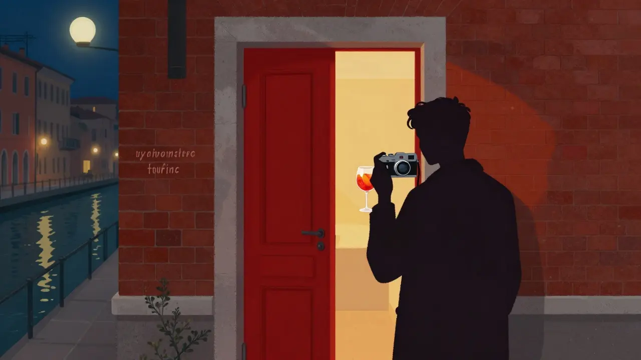 A hidden red door in Navigli at night, slightly open, revealing warm light and a companion with a vintage camera.