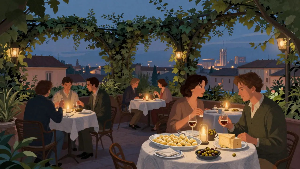 A hidden rooftop garden in Brera with locals enjoying an aperitivo buffet under soft twilight lights.