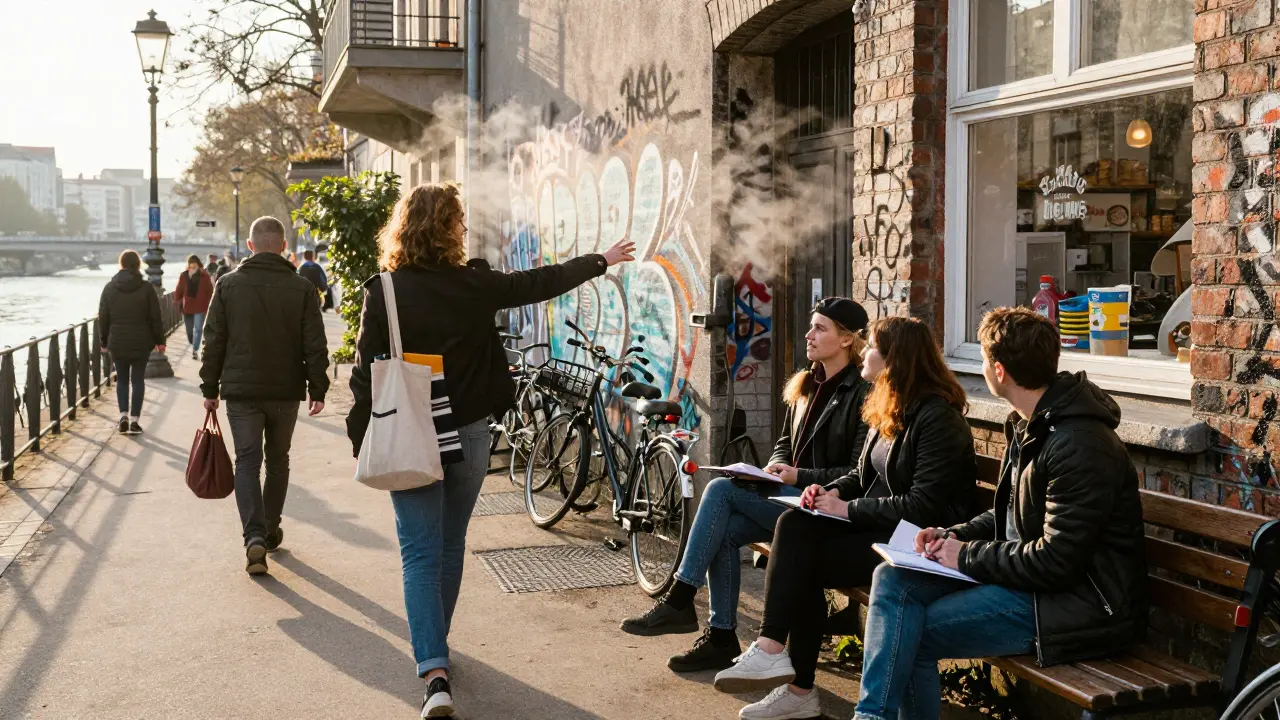 A local companion walks along the Spree River at sunrise, showing a traveler a hidden alley in Kreuzberg.