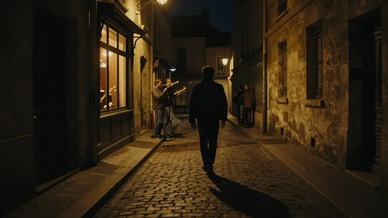 A lone person walking down a cobblestone alley at night, jazz music glowing from a hidden club window.