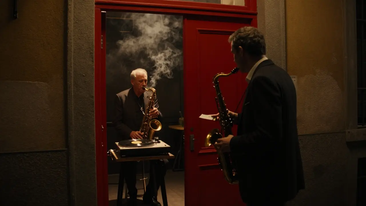 A lone red door opens to a dim jazz bar where an elderly saxophonist plays alone at 2 a.m.
