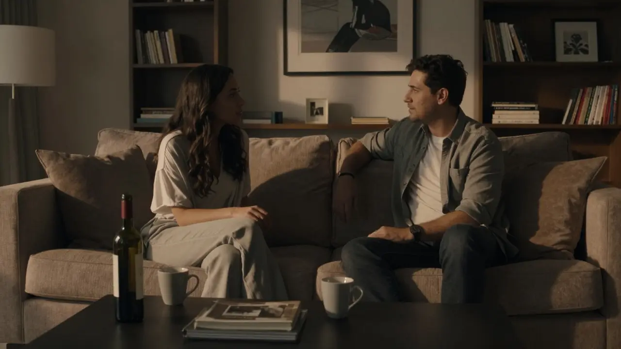 A man and woman having a quiet, respectful conversation in a private villa.
