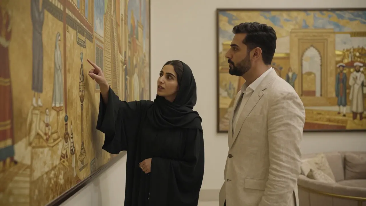 A man and woman in a private lounge at Qasr Al Watan, engaging thoughtfully with a historical mural under soft gallery lighting.