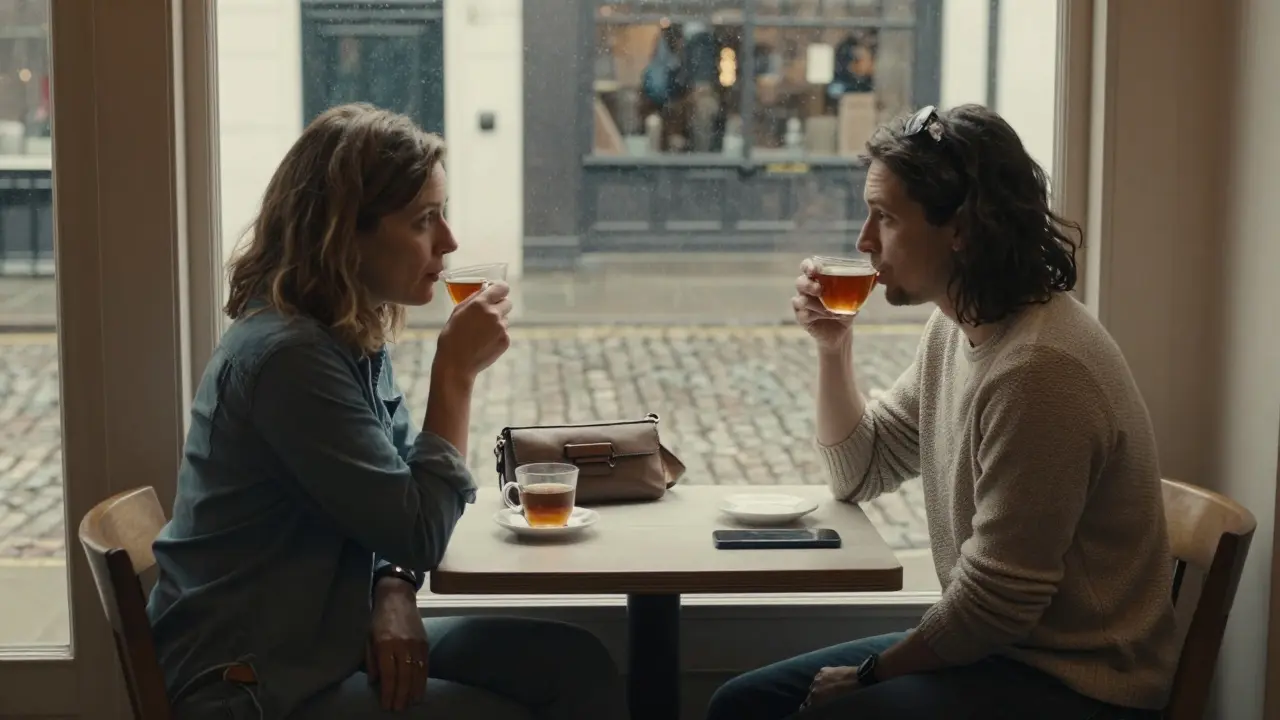 A man and woman meet in a quiet London café, maintaining respectful distance during an initial companion meeting.