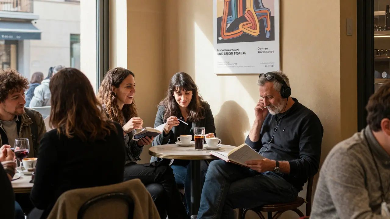 A man sitting alone at Bar Luce in Brera, sketching while others chat, bathed in afternoon sunlight, capturing quiet moments of human connection.