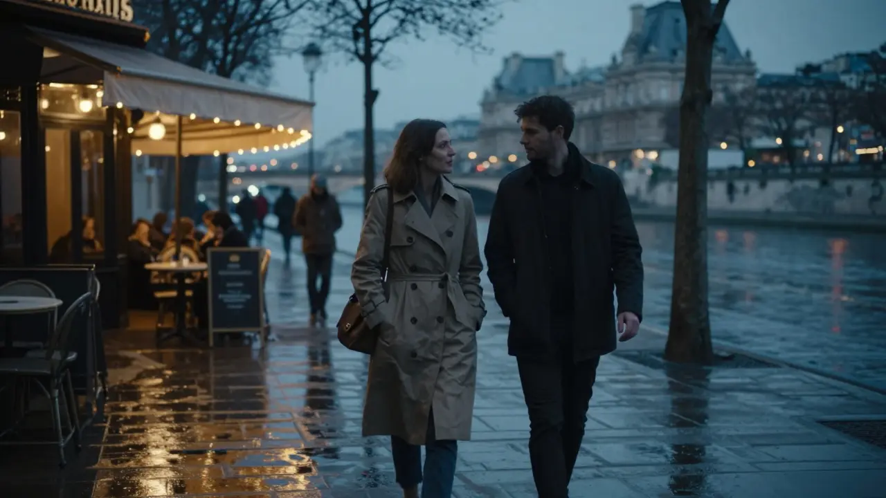 A modern Parisian companion and client stroll through Luxembourg Gardens at dusk, sharing quiet connection.