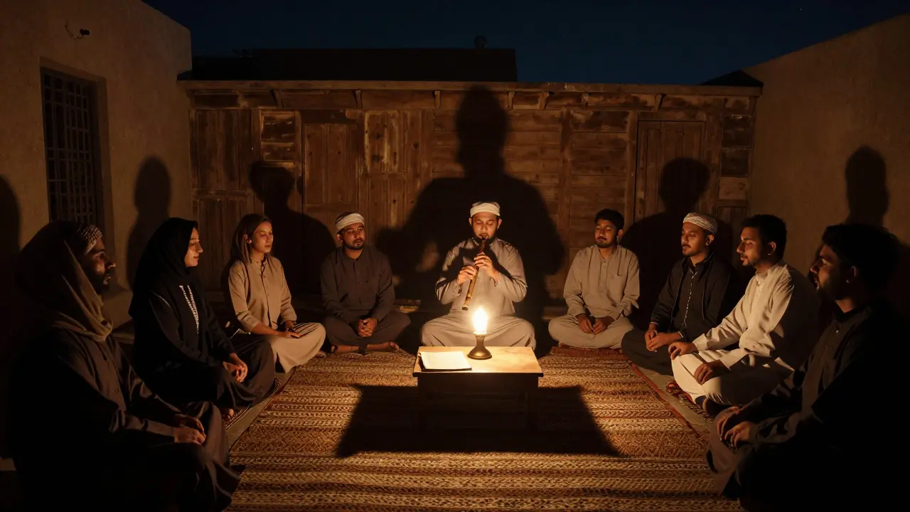 A musician plays the Nay flute under a single lamp at a heritage house, surrounded by listeners in the starlit night.