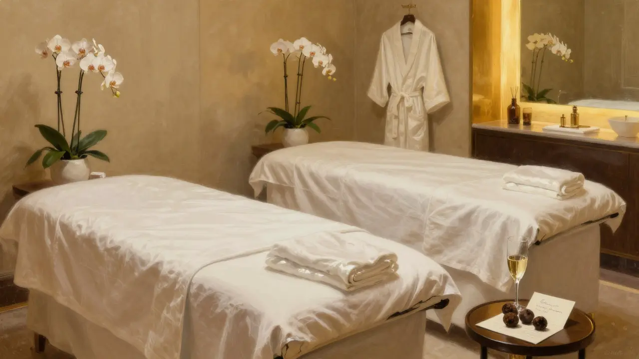 A private spa suite with heated massage tables, orchids, and champagne, exuding serene exclusivity.