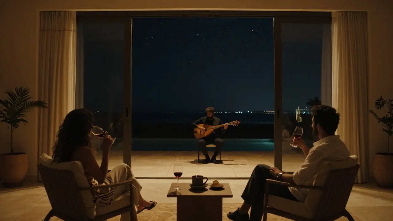 A private villa at night in Abu Dhabi with a silhouetted oud player and two figures enjoying a serene, starlit evening together.