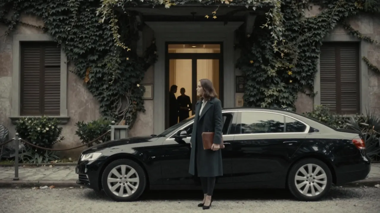 A private villa entrance in Milan at night, with a woman stepping out from a black car under ivy-covered walls.
