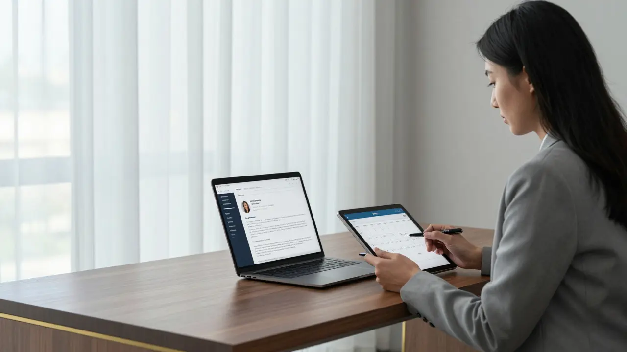 A professional companion reviewing client bookings in a discreet, minimalist office in Abu Dhabi.