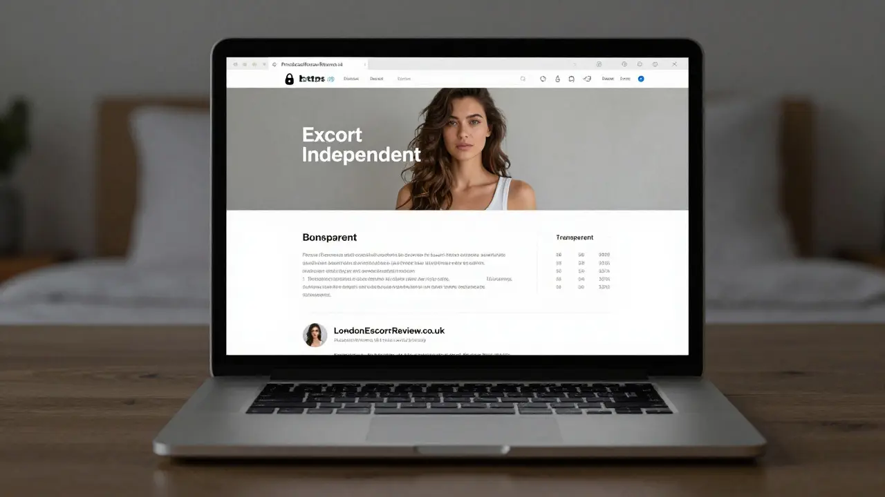 A professional escort's website on a laptop showing clear photos, transparent pricing, and verified client reviews.