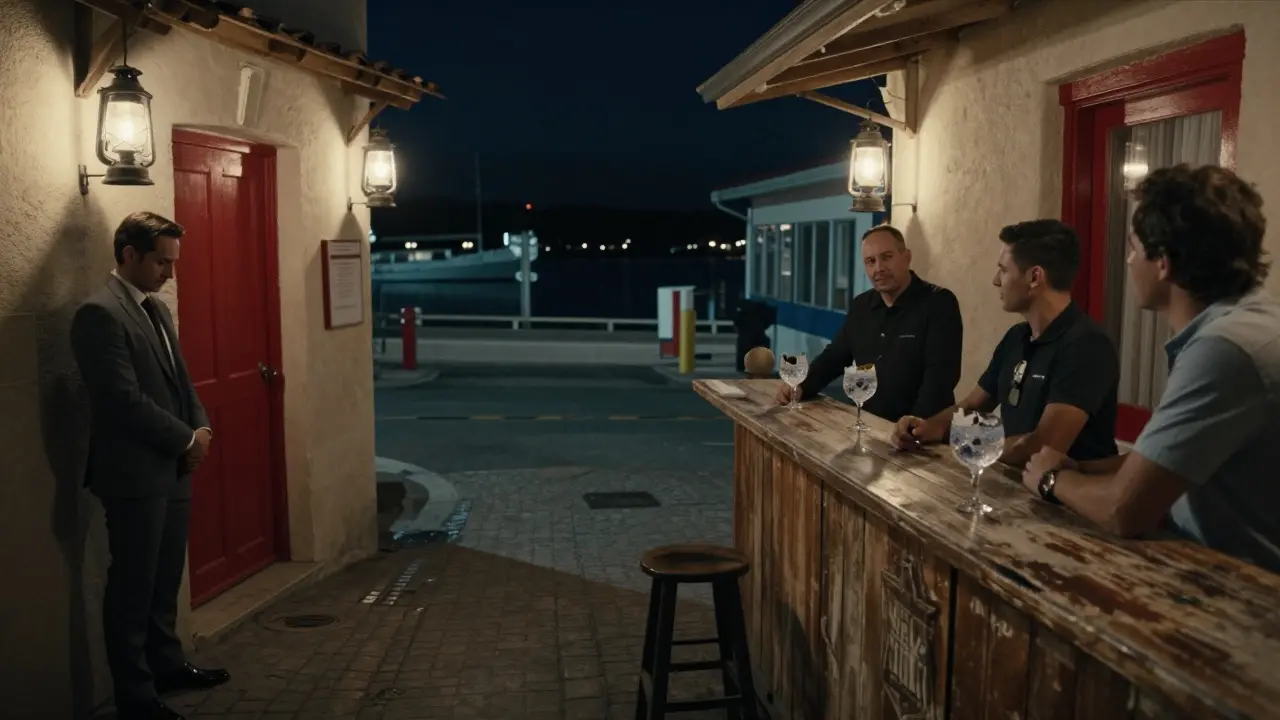 A quiet hidden bar behind a fish market, a red door glowing softly in the night alley.