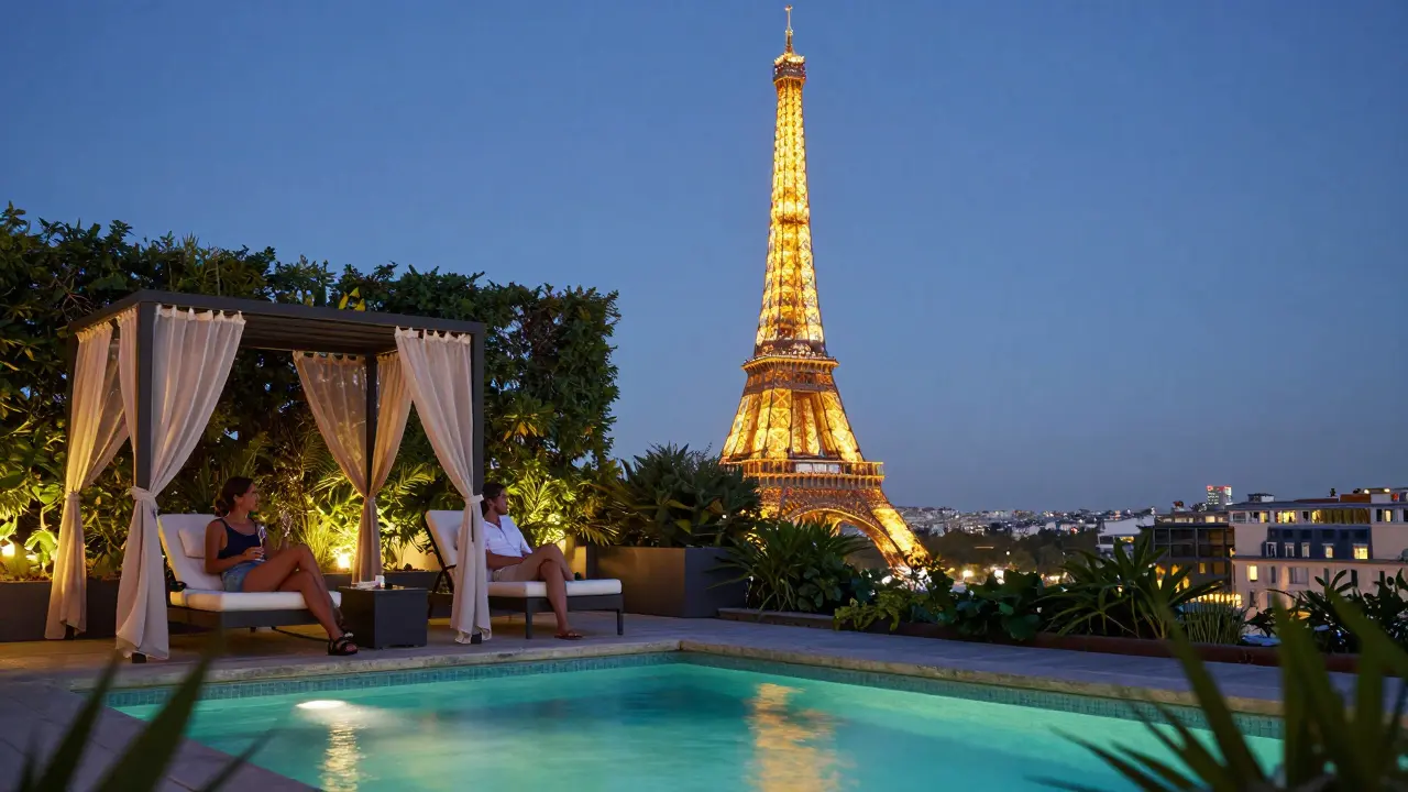 A secluded rooftop pool at dusk with the Eiffel Tower glowing in the distance, surrounded by greenery and cabanas.