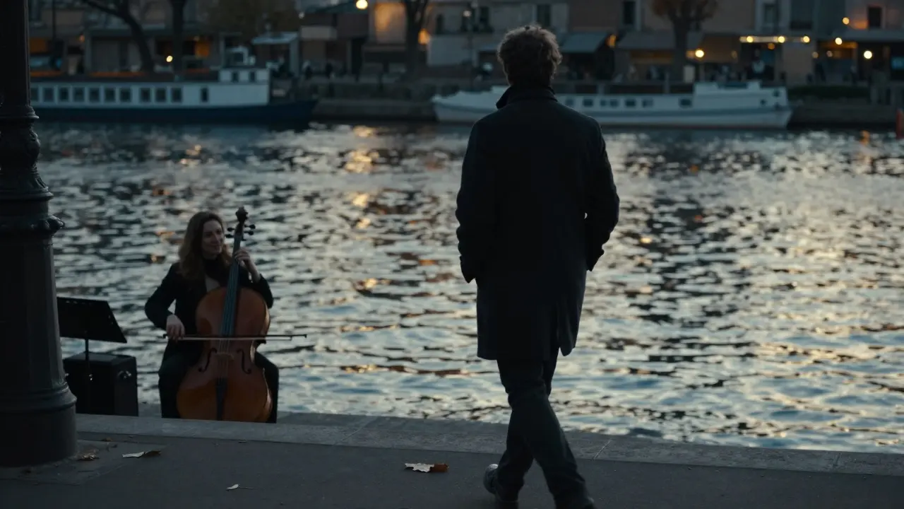 A silhouette walks along the Canal Saint-Martin at twilight as a woman pauses to listen to a street musician.