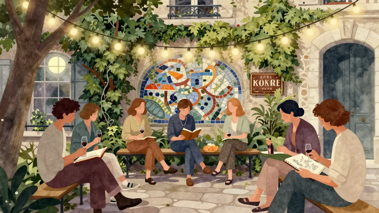 A small group of people sharing wine and conversation in a moonlit courtyard under string lights.