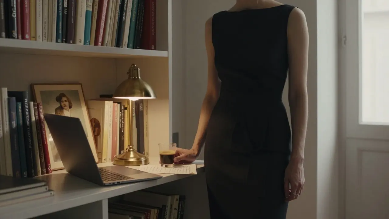 A sophisticated woman in Brera standing beside a bookshelf filled with art books, lit by a single lamp.