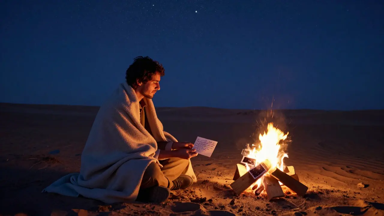 A traveler by a desert campfire at night, receiving a handwritten note and star photo from a compassionate companion.