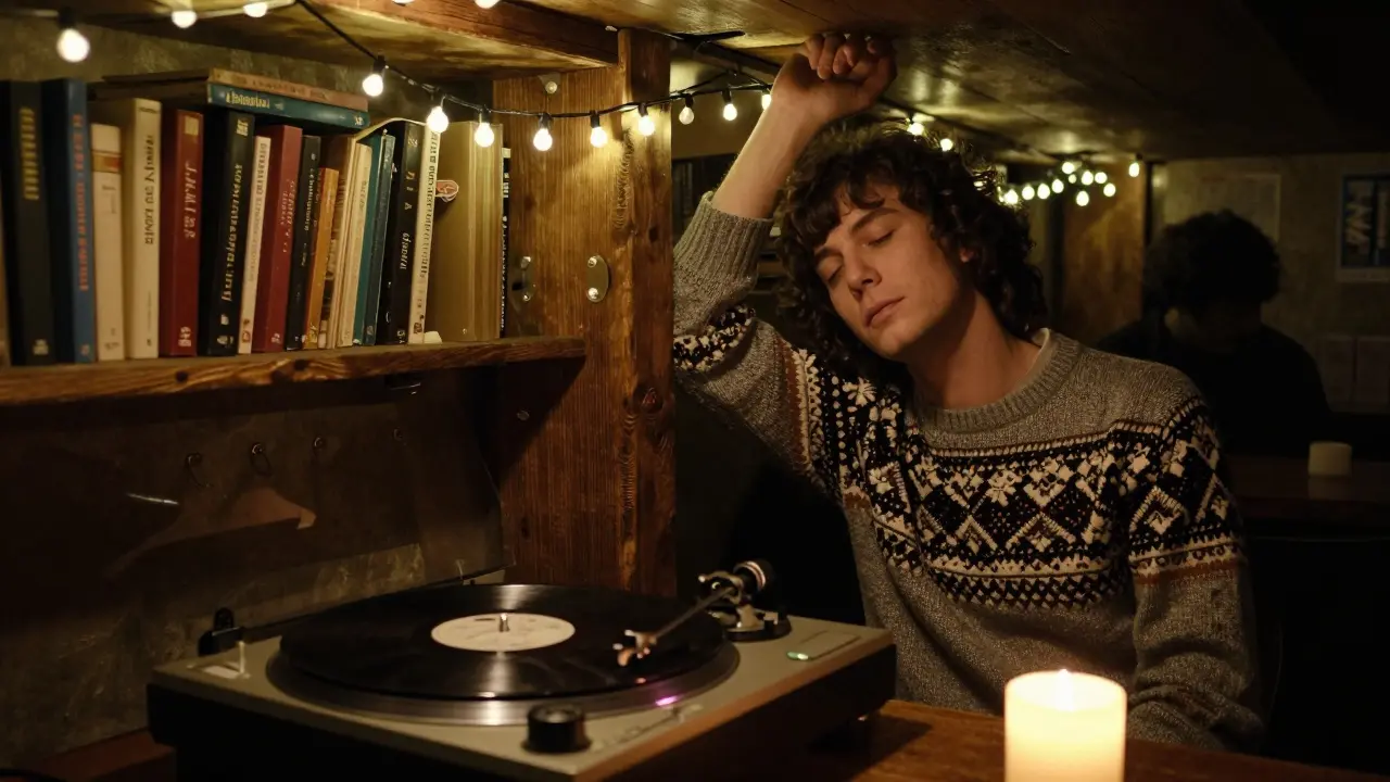 A vinyl record plays in a dim basement bar as someone listens intently to East German rock music.