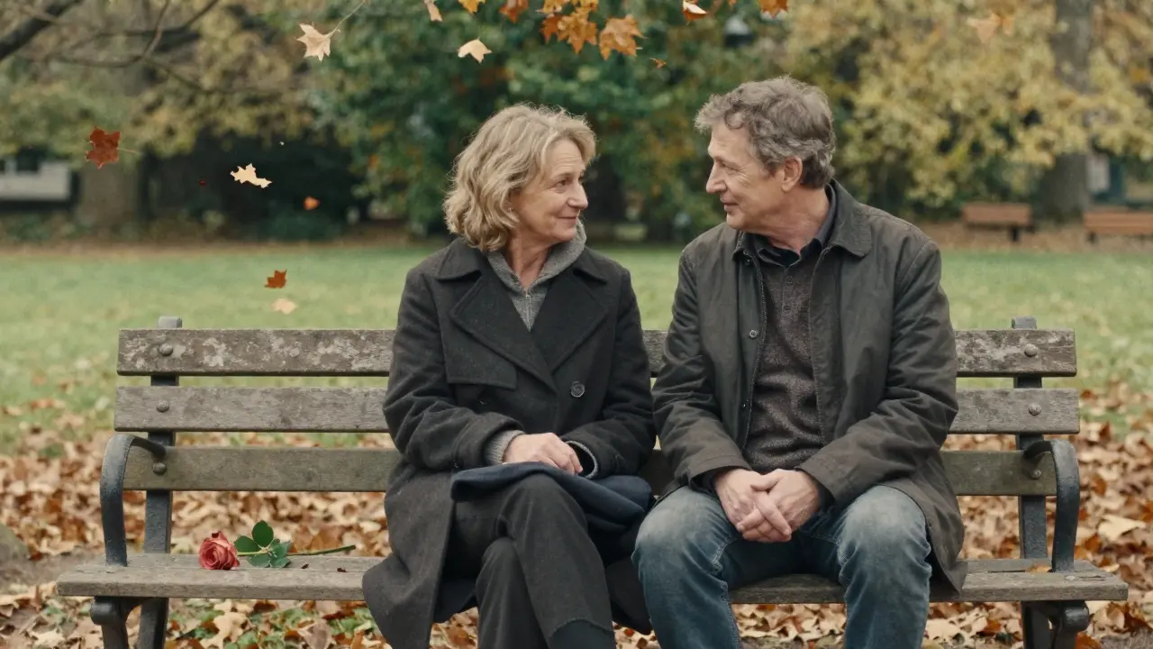 A woman and man sit side by side on a garden bench in Luxembourg Gardens, sharing a thoughtful, unspoken moment in autumn.