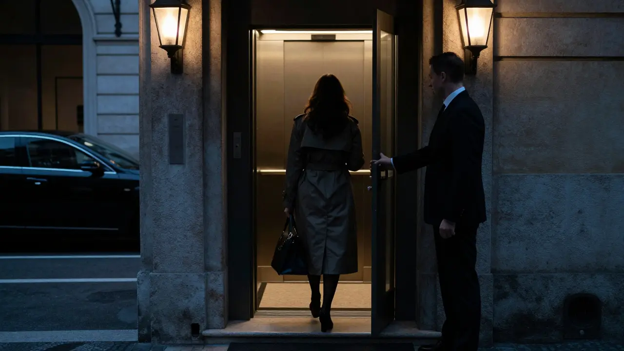 A woman exits a luxury hotel in Milan at night, greeted by a doorman, as a black car waits—scene conveys discretion and high-end companionship.